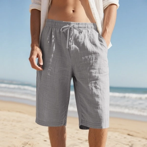 Herren Freizeit-Leinenshorts in Grau mit Kordelzug und atmungsaktivem, geradem Bein-Design