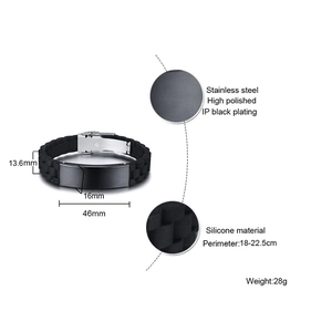 Close-up of black silicone wristband with polished stainless steel plate and dimensions