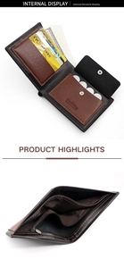 Detail view of the brown leather wallet interior with multi-card slots and coin pocket