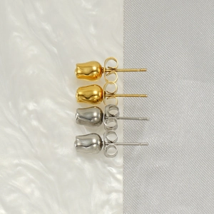 Polished tulip bud earrings in gold and silver steel finish shown from the front view