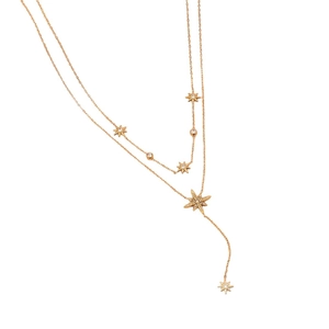 Double layer rose gold stainless steel Y-shaped necklace with octagram star pendants