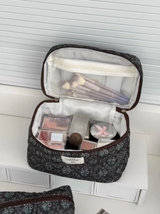 Borsa cosmetica vintage in velluto a coste floreale con ampia tasca a rete