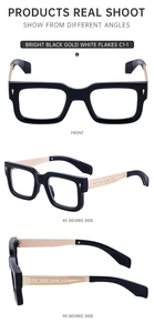 Detail of retro thick square eyewear frames with gold woven temples and arrow rivets