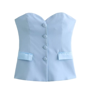 Top a fascia schiena scoperta celeste da donna con bottoni e tasche decorative