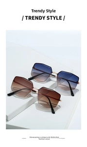 Detail of rimless geometric sunglasses with gold metal frames and gradient tinted lenses