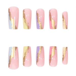 Pink press-on nails with multi-color marble texture and gold foil in square shape