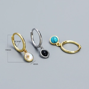 S925 sterling silver hoop earrings with round gemstone charms in gold and silver finish