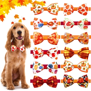 Adjustable Pet Bow Tie Autumn Thanksgiving Pumpkin Maple Leaf Pattern Polyester Ribbon Neckwear For Small Medium Dogs Cats