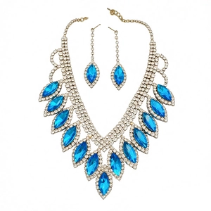 Elegant silver jewelry set with blue marquise diamonds, including necklace and drop earrings