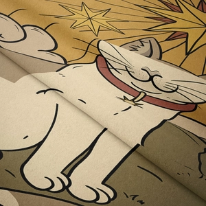 Detailed macro view of soft velvet texture and cute vintage cat print on home tapestry
