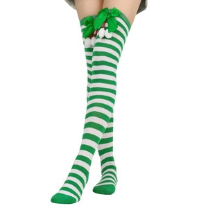 Detail of green and white striped Christmas over-knee socks with bows and pom-poms