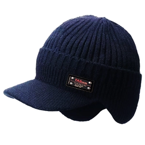 Navy blue winter knit hat with ear flaps and visor, warm thick fleece lining for outdoors