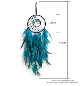 Detail of tree of life dreamcatcher with blue feathers and 60cm length dimensions