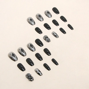 Sparkling black and silver glitter press-on nails set with 3D diamond accents