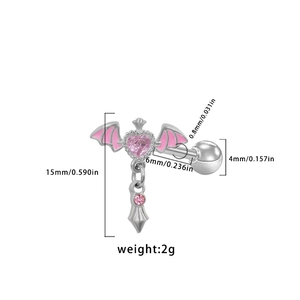 Dimensions détaillées du piercing coeur ailes de chauve-souris et pendentif cône