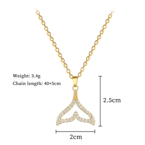 Detailed view of zircon-studded fishtail pendant necklace with size and weight specs