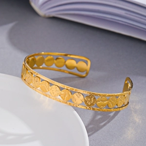 Elegant 14K gold plated stainless steel C-shape cuff bracelet with hammered disk design