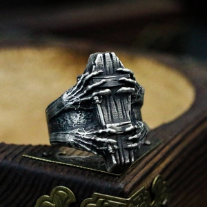 Gothic Vintage Coffin Ring For Men Stainless Steel Skull Hand Jewelry Punk Biker Style Retro Finger Band