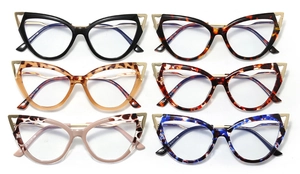 Detailed display of TR90 cat eye glasses frames in black, tortoiseshell, and leopard patterns