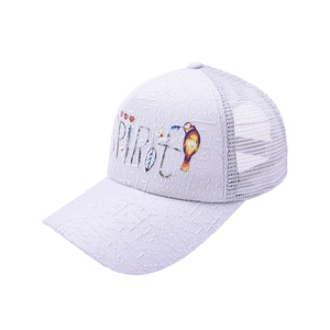 Detailed 45-degree view of purple tweed trucker hat with mesh back and spirit graphic