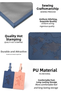Detail of PU leather luggage tags with world map heat-embossing and precision stitching