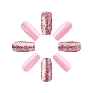 Short square glossy pink press-on nails with glitter and 3D heart pattern designs
