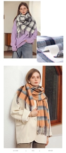 Detail of soft cashmere feel scarf with fringe tassels and classic plaid pattern