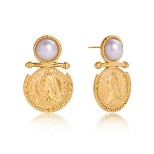 Golden titanium steel pearl coin earrings featuring Queen Victoria portrait engraving