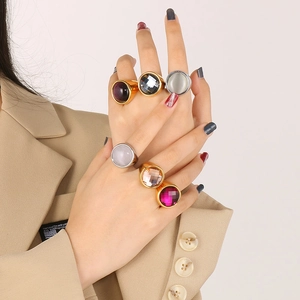 22mm chunky gold stainless steel rings with colorful round crystal gemstones on hand