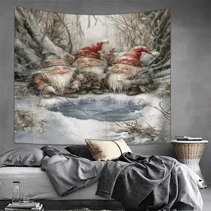 Detail of Christmas gnomes tapestry showing fine fabric texture on a grey wall