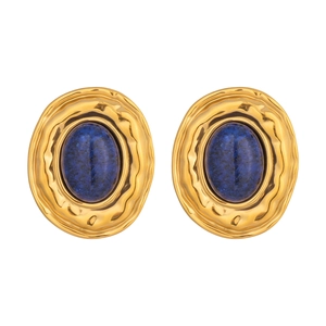 Detail of vintage gold oval earrings featuring blue lapis lazuli and hammered texture
