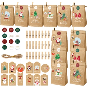 Christmas Advent Calendar Gift Bags Kraft Paper DIY Packaging Wood Clips Cotton Rope Paper Tags Stickers Merry Christmas