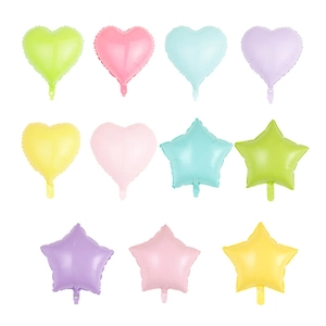 Collection of heart and star shaped foil balloons in soft macaron pastel colors