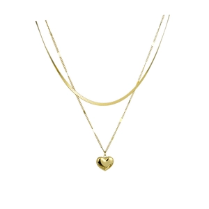 Collier double épaisseur en acier titane doré avec chaîne serpent et pendentif en cœur