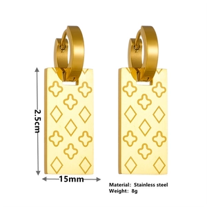Gold stainless steel rectangular earrings with clover pattern engraving and size details