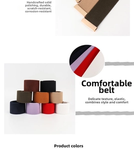 Detail of elastic waist belt with polished metal buckle and multiple color swatches