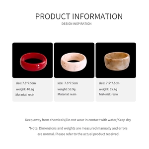 Three minimalist resin rings in red, marble pink, and amber with precise 7.5cm dimensions