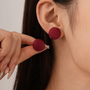 Retro wine red fabric-wrapped round button stud earrings with a satin finish look