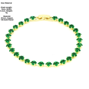 Detailed view of 18k gold tennis bracelet featuring emerald green zircon and dimensions