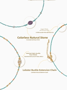 Detail of beaded necklace with turquoise stones, pearls and gold-plated copper clasp