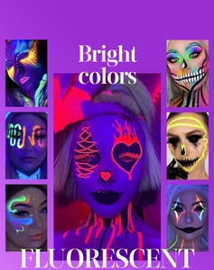 Detail showing various fluorescent body paint designs and UV glow artistic makeup effects