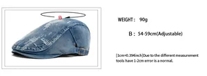 Size chart for distressed denim beret featuring adjustable strap for 54-59cm head size