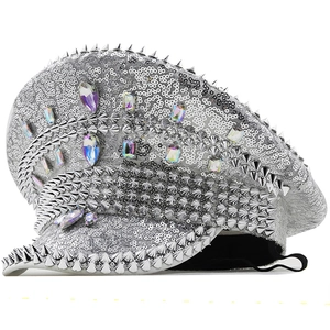Chapeau De Capitaine À Paillettes Scintillantes Avec Pointes Métalliques Et Strass Coiffe Militaire Pour Spectacle Festival