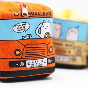 Orange canvas school bus pencil case with cute cartoon bear print and zipper closure