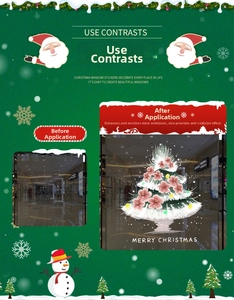 Detail view of pink floral Christmas tree window sticker with Merry Christmas text