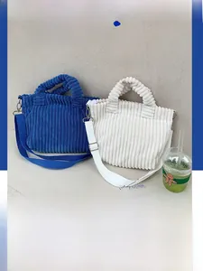 Sacs cabas en velours côtelé bleu et blanc crème avec bandoulière réglable, style épuré