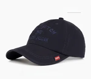 Detail of navy blue cotton baseball cap with WATCH DESIGN embroidery and red side label