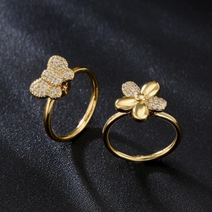 Butterfly Flower Adjustable Open Ring Copper 18K Gold Plated Cubic Zirconia Micro Paved Rotating Fashion Ring For Women