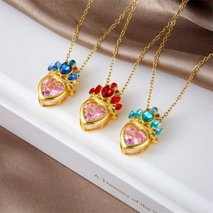 Titanium steel necklace with pink crystal heart and multicolored crown pendant