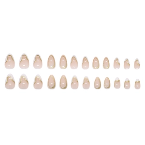 24 faux ongles press on nails style français avec motif ondulé doré et amande